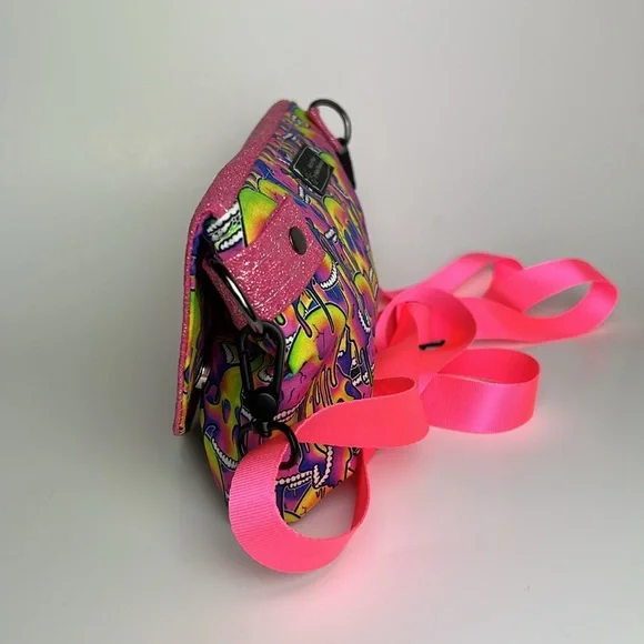 Skull Neon Pink Glitter Drippy Psychedelic Crossbody Bag with Strap - Picture 10 of 12